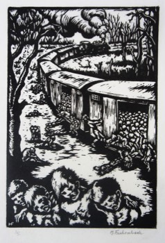  The Children Train. Signed and dated 1943. Jewish children being collected in France for deportation while England delays a decision that might have saved them. 