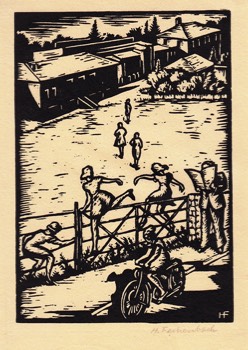 GIRLS CLIMBING GATE c. 1942. Signed. W.E. 135 x 94 mm.